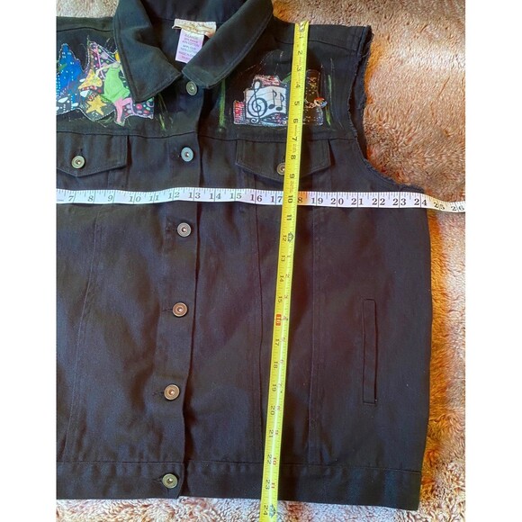 Jane Elissa unique cut off sleeves Patch vest black denim jacket size xl - Picture 9 of 12